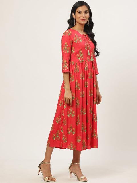 Women Coral Floral Printed V-Neck Cotton Fit and Flare Dress