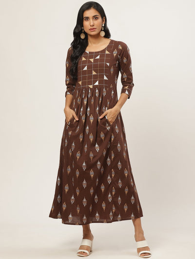 Women Brown Ethnic Motifs Printed Round Neck Cotton Fit and Flare Dress