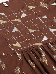 Women Brown Ethnic Motifs Printed Round Neck Cotton Fit and Flare Dress