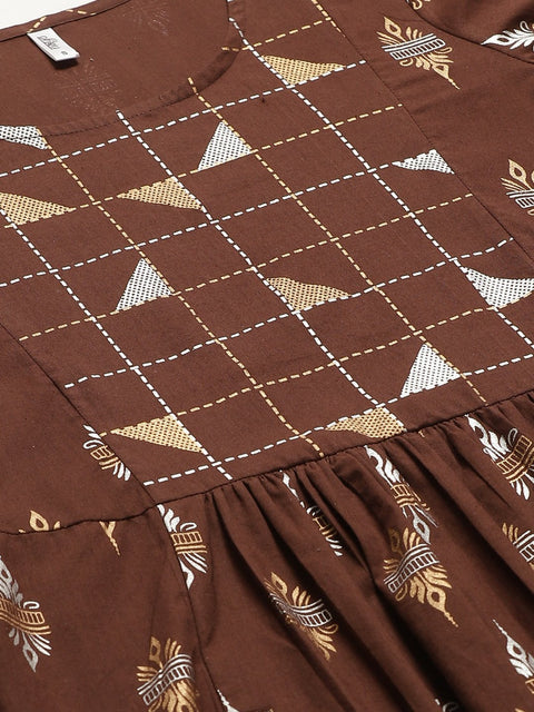 Women Brown Ethnic Motifs Printed Round Neck Cotton Fit and Flare Dress