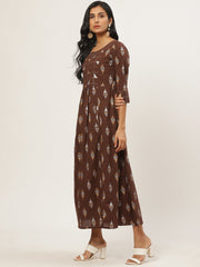 Women Brown Ethnic Motifs Printed Round Neck Cotton Fit and Flare Dress