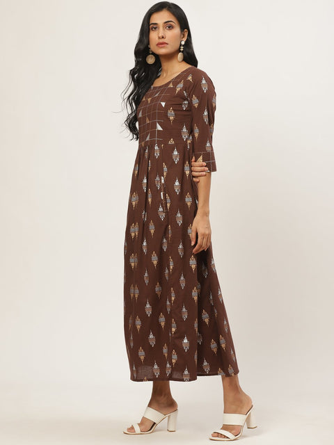 Women Brown Ethnic Motifs Printed Round Neck Cotton Fit and Flare Dress