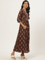 Women Brown Ethnic Motifs Printed Round Neck Cotton Fit and Flare Dress