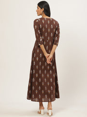 Women Brown Ethnic Motifs Printed Round Neck Cotton Fit and Flare Dress