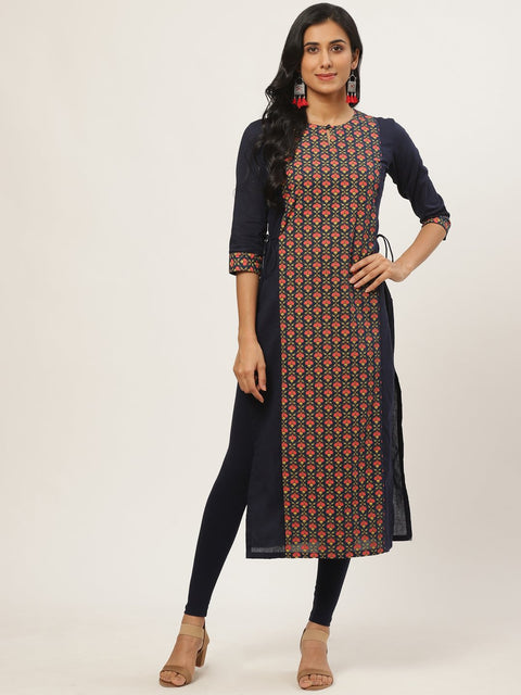 Women Navy Blue Calf Length Three-Quarter Sleeves Straight Floral Printed Cotton Kurta