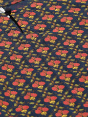 Women Navy Blue Calf Length Three-Quarter Sleeves Straight Floral Printed Cotton Kurta