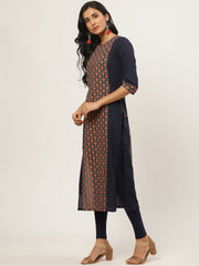 Women Navy Blue Calf Length Three-Quarter Sleeves Straight Floral Printed Cotton Kurta