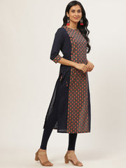 Women Navy Blue Calf Length Three-Quarter Sleeves Straight Floral Printed Cotton Kurta