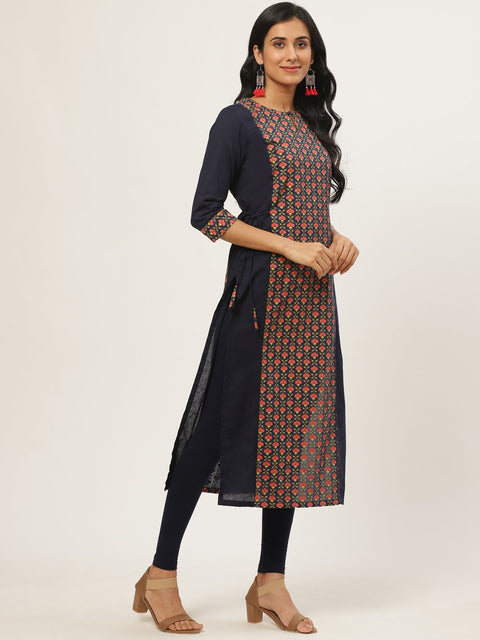 Women Navy Blue Calf Length Three-Quarter Sleeves Straight Floral Printed Cotton Kurta