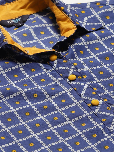 Women Navy Blue Calf Length Three-Quarter Sleeves A-Line Bandhani Printed Cotton Kurta