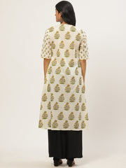 Women Off white Calf Length Three-Quarter Sleeves A-Line Floral Yoke Design Cotton Kurta