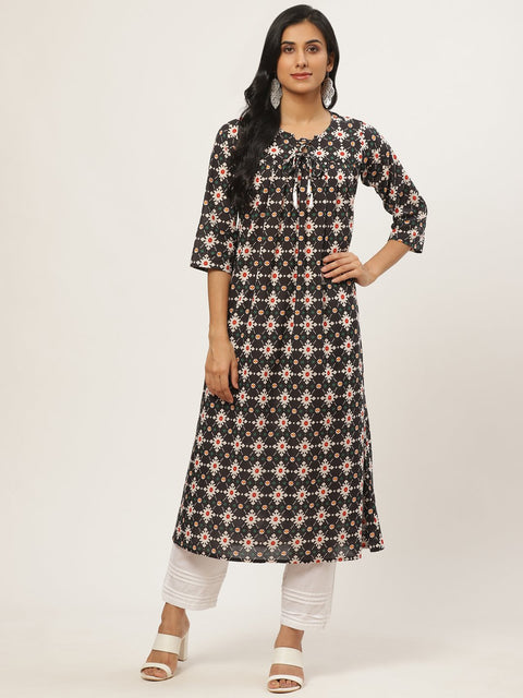 Women Black Three-Quarter Sleeves Flared Kurta with Trouser