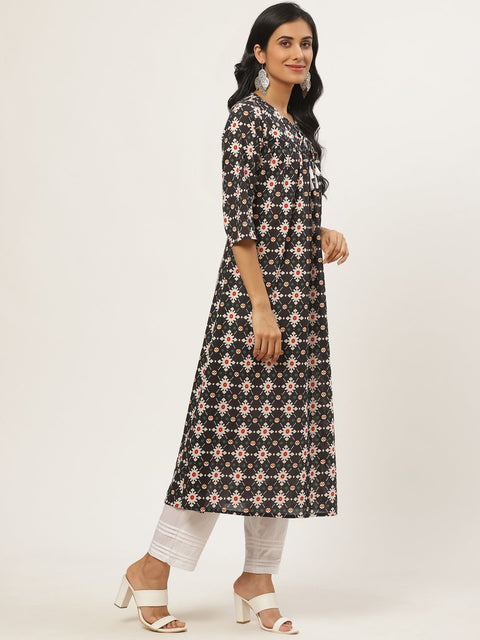 Women Black Three-Quarter Sleeves Flared Kurta with Trouser
