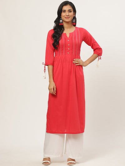 Women Red Calf Length Three-Quarter Sleeves A-Line Solid Yoke Design Cotton Kurta