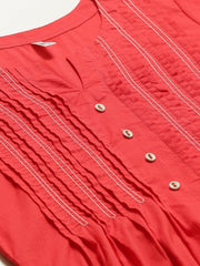 Women Red Calf Length Three-Quarter Sleeves A-Line Solid Yoke Design Cotton Kurta