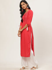 Women Red Calf Length Three-Quarter Sleeves A-Line Solid Yoke Design Cotton Kurta