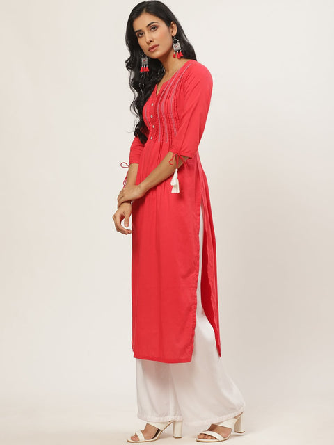 Women Red Calf Length Three-Quarter Sleeves A-Line Solid Yoke Design Cotton Kurta