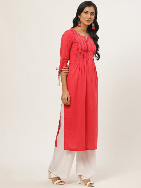 Women Red Calf Length Three-Quarter Sleeves A-Line Solid Yoke Design Cotton Kurta