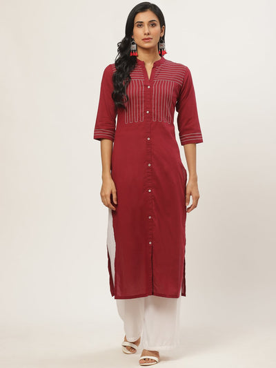 Women Maroon Calf Length Three-Quarter Sleeves Straight Solid Solid Cotton Kurta