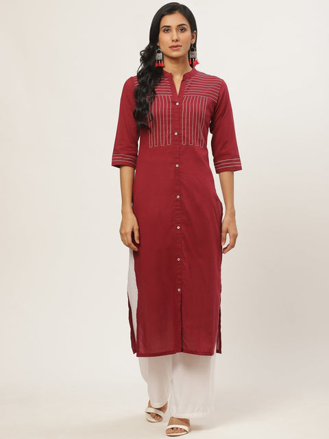 Women Maroon Calf Length Three-Quarter Sleeves Straight Solid Solid Cotton Kurta