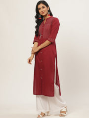 Women Maroon Calf Length Three-Quarter Sleeves Straight Solid Solid Cotton Kurta