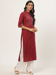Women Maroon Calf Length Three-Quarter Sleeves Straight Solid Solid Cotton Kurta