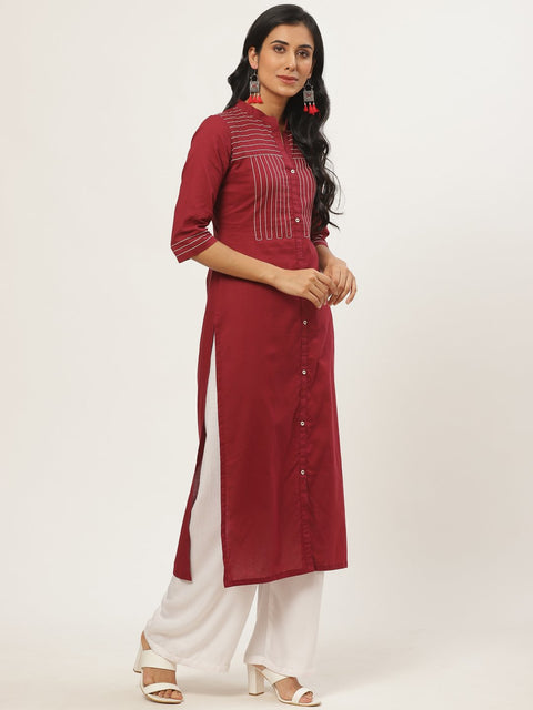 Women Maroon Calf Length Three-Quarter Sleeves Straight Solid Solid Cotton Kurta