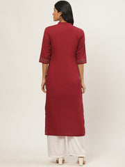 Women Maroon Calf Length Three-Quarter Sleeves Straight Solid Solid Cotton Kurta