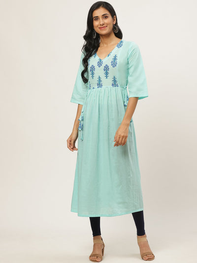 Women Blue Calf Length Three-Quarter Sleeves A-Line Solid Solid Cotton Kurta