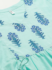 Women Blue Calf Length Three-Quarter Sleeves A-Line Solid Solid Cotton Kurta