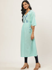 Women Blue Calf Length Three-Quarter Sleeves A-Line Solid Solid Cotton Kurta