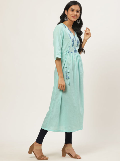 Women Blue Calf Length Three-Quarter Sleeves A-Line Solid Solid Cotton Kurta