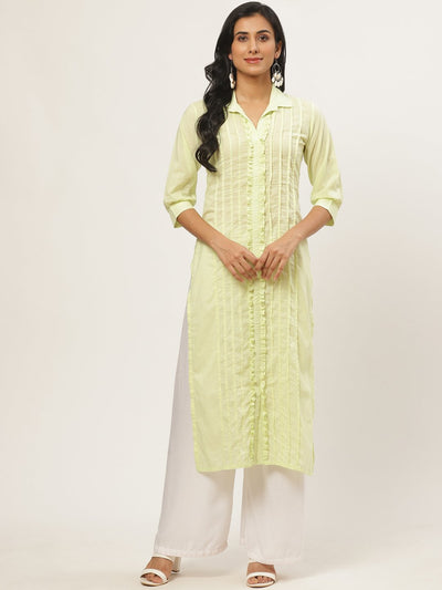 Women Limeyellow Calf Length Three-Quarter Sleeves Straight Solid Solid Cotton Kurta