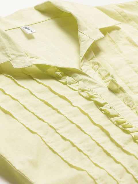 Women Limeyellow Calf Length Three-Quarter Sleeves Straight Solid Solid Cotton Kurta