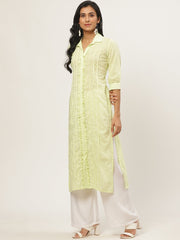Women Limeyellow Calf Length Three-Quarter Sleeves Straight Solid Solid Cotton Kurta