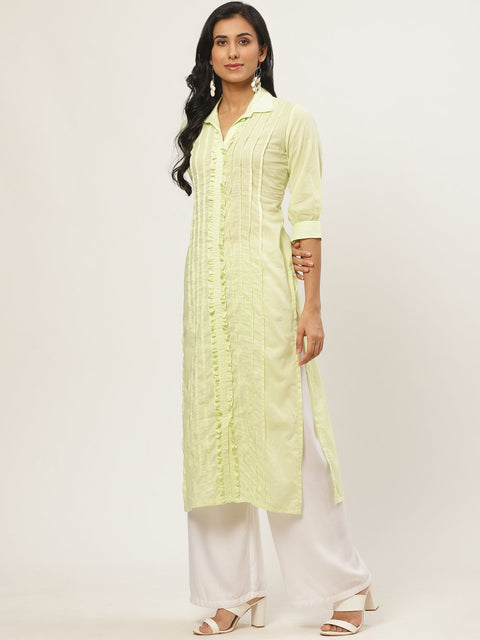Women Limeyellow Calf Length Three-Quarter Sleeves Straight Solid Solid Cotton Kurta