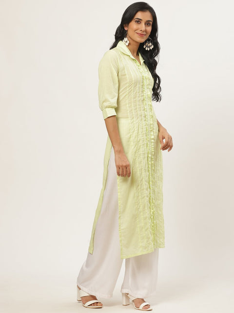 Women Limeyellow Calf Length Three-Quarter Sleeves Straight Solid Solid Cotton Kurta