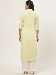 Women Limeyellow Calf Length Three-Quarter Sleeves Straight Solid Solid Cotton Kurta