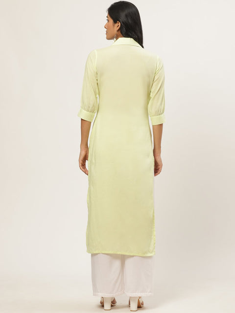 Women Limeyellow Calf Length Three-Quarter Sleeves Straight Solid Solid Cotton Kurta