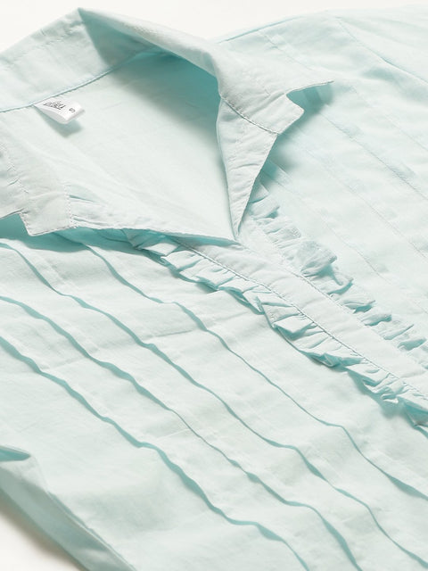 Women Blue Calf Length Three-Quarter Sleeves Straight Solid Solid Cotton Kurta