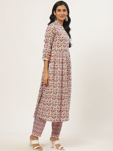 Women White Three-Quarter Sleeves Flared Kurta with Palazzo