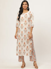 Women Cream Three-Quarter Sleeves Straight Kurta with Palazzo