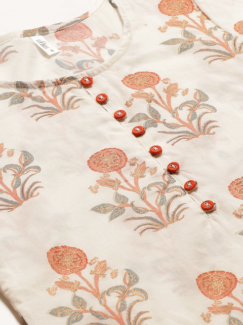 Women Cream Three-Quarter Sleeves Straight Kurta with Palazzo