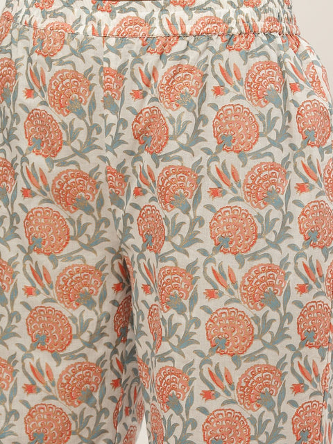 Women Cream Three-Quarter Sleeves Straight Kurta with Palazzo