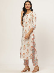 Women Cream Three-Quarter Sleeves Straight Kurta with Palazzo