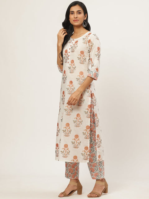 Women Cream Three-Quarter Sleeves Straight Kurta with Palazzo