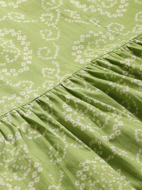 Women Green Calf Length Short Sleeves A-Line Bandhani Printed Cotton Kurta
