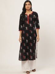 Women Black Calf Length Three-Quarter Sleeves Straight Quirky Printed Cotton Kurta
