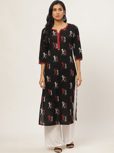 Women Black Calf Length Three-Quarter Sleeves Straight Quirky Printed Cotton Kurta