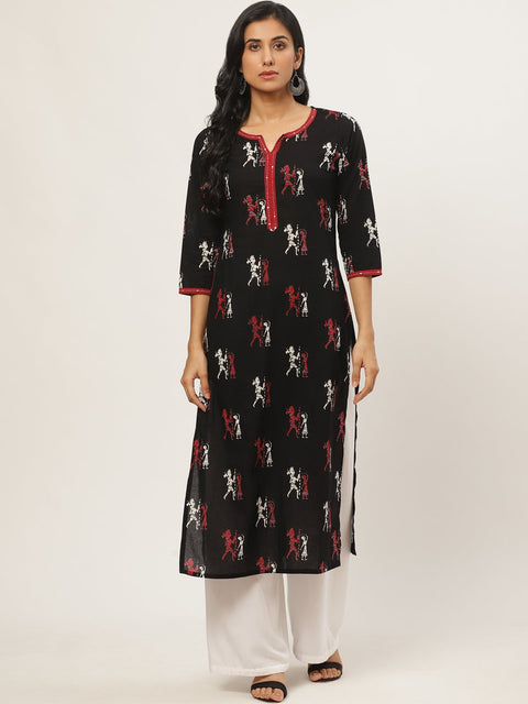 Women Black Calf Length Three-Quarter Sleeves Straight Quirky Printed Cotton Kurta